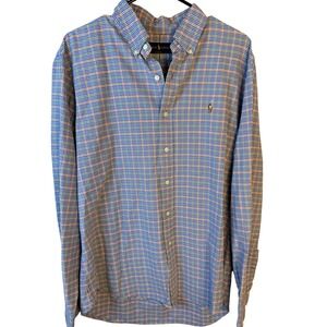 Ralph Lauren Mens Large Plaid Button Down Shirt Blue Orange Cotton Long Sleeve